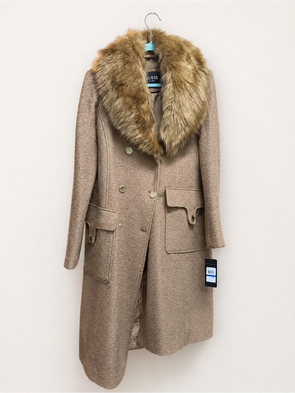 Guess Camel Faux-Fur Collar Trench Coat